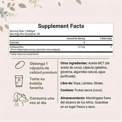 Astaxanthin® 12mg de Antioxidante Diario Para Una Piel Más Luminosa, Saludable & Protegida