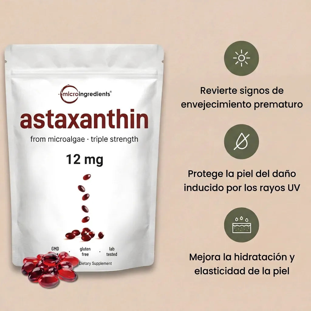 Astaxanthin® 12mg de Antioxidante Diario Para Una Piel Más Luminosa, Saludable & Protegida